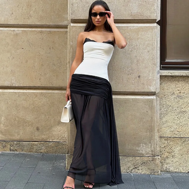 Ticketsx Lace Strapless Long Dress Summer Contrast Patchwork Ruched See Through Slim Dress Fashion Vacation Street Women's Dress