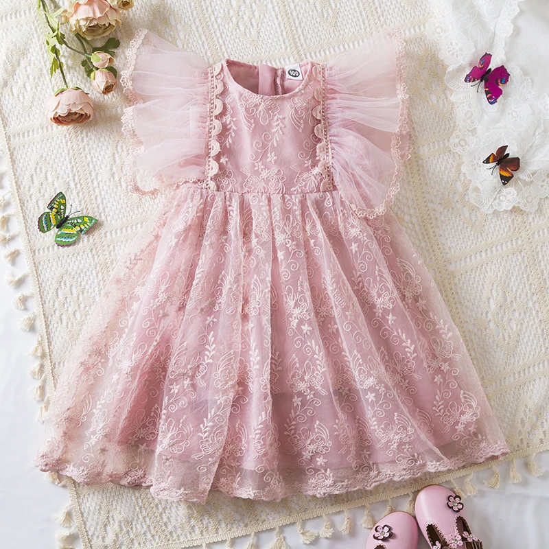 New Little Girls Lace Ruffles Summer Dress Kids Flying Sleeve Flower Princess Dress for Wedding Birthday Party Clothes 3-8Y