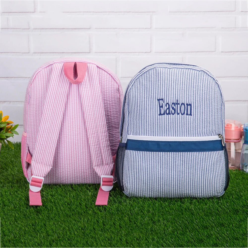 

Striped Seersucker Backpack Children Cute Monogrammed Toddler School Bags Kids Preschool Book Bag Large Capacity Baby Diaper Bag