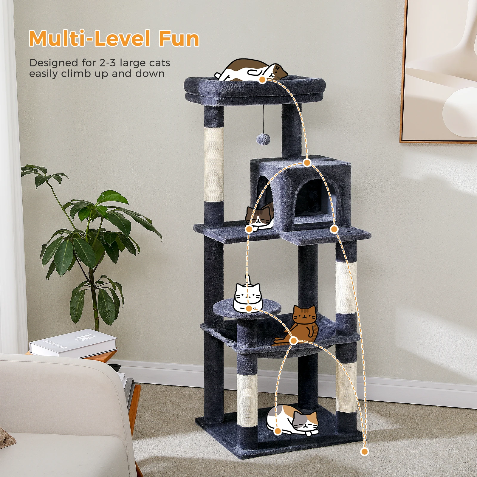 Dunkelgrauer Kratzbaumturm mit oberer Sitzstange, natürlichen Kratzbäumen, interaktiver Pompom, gemütliche Hängematte und Eigentumswohnung, Katzenmöbel, Katzenspielzeug – Detail 3