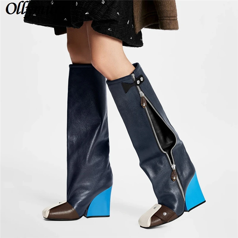 

Autumn and winter rivet side zipper thick heel square head motorcycle leisure plus size knee high boots shoes women