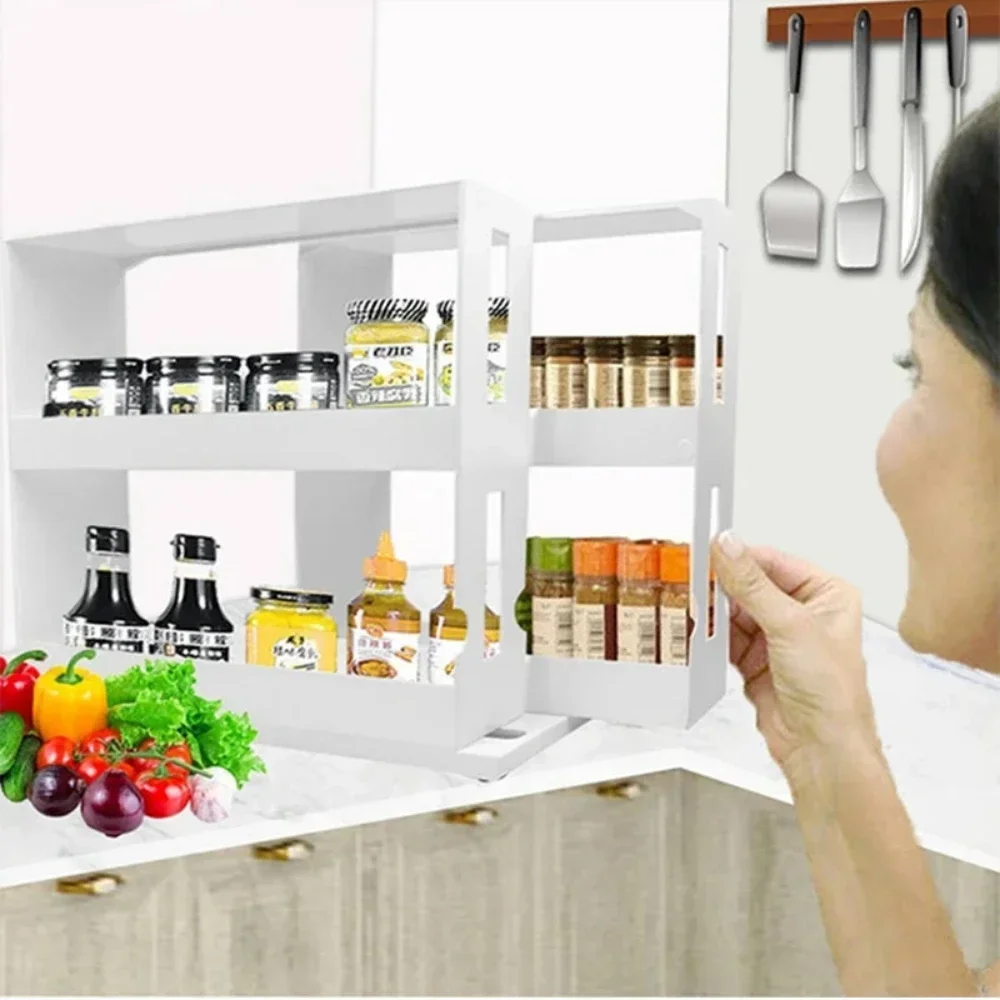 다기능 향신료 정리함 랙, 2 단 회전 보관 선반, 슬라이드 주방 캐비닛 찬장 정리함 주방 보관 랙
