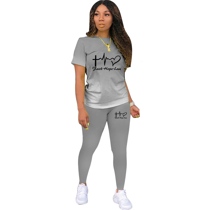 Faith Hope Love Printed Women's  2 Piece Set Jogging Suit Summer Fashion Casual Tshirt+Long Pant Female Sexy Outfits Set