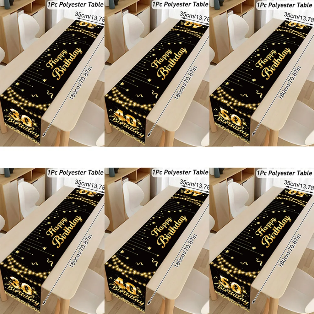 Tischläufer zum 30. 40. 50. Geburtstag, Schwarzgold, 180 cm lang, Happy Birthday-Tischdecke für Männer und Frauen, Feiern Sie Partydekorationen