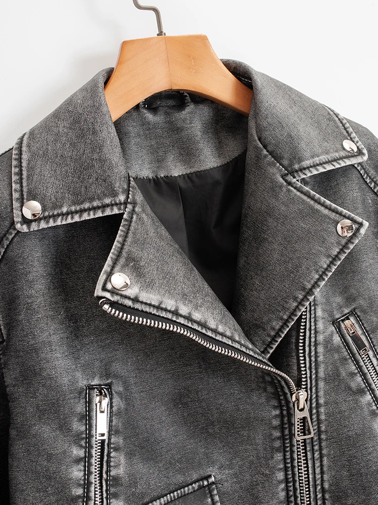 Women Loose Pu Faux Leather Short Jacket with Belt Streetwear Female Moto Biker Zipper Lapel Coat Outwear leather jacket women