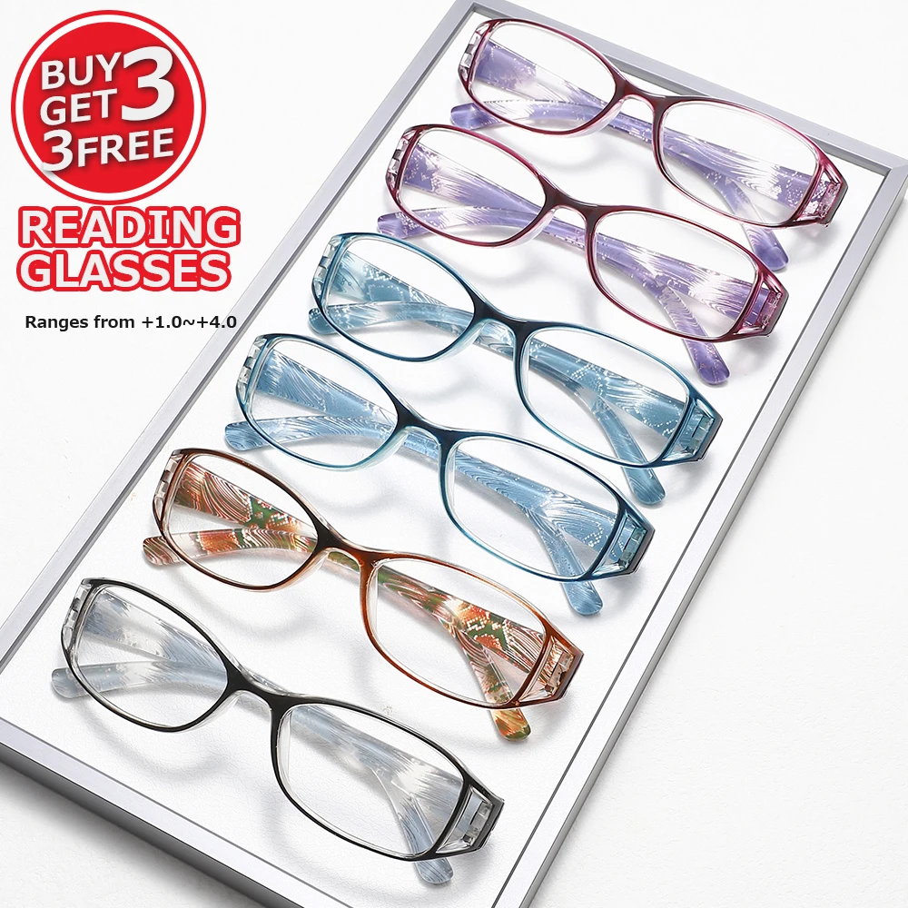 Women's Rectangular Reading Glasses Set - Textured Design, Anti Blue Light, Multi-Color, Portable (6 Pairs)