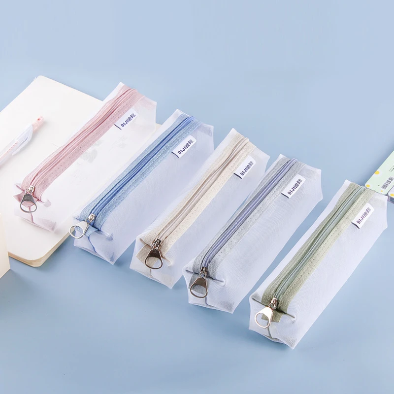 

Simple Candy Color Transparent Nylon Mesh Bags Large Capacity Pencil Case Stationery Storage Bag Makeup Organizer Cosmetic Pouch