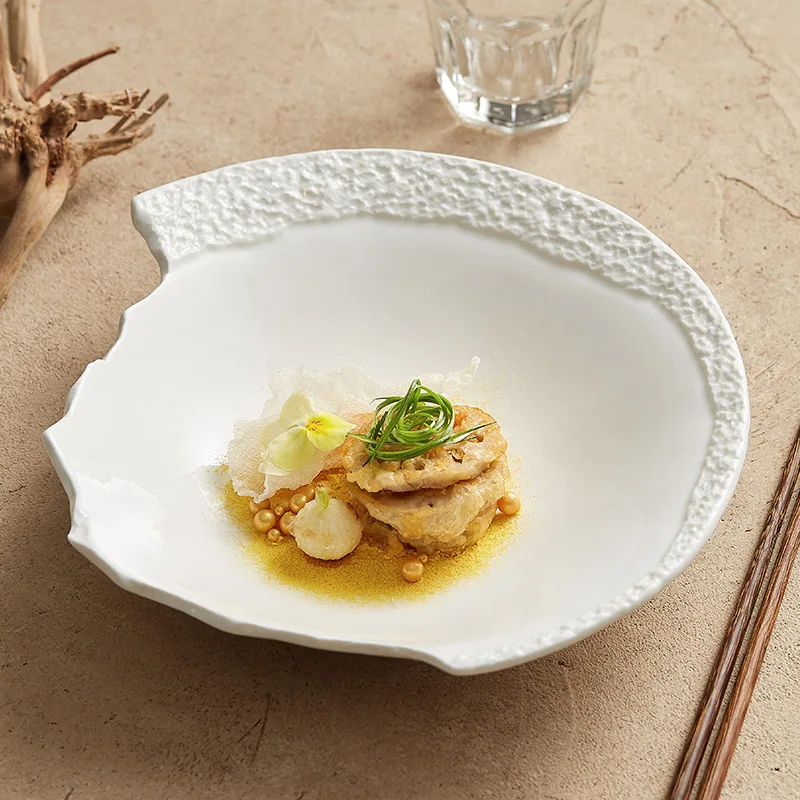

Rock Pattern Creative Edge-Missing Bowl Ceramic Salad Bowl Hotel Restaurant Tableware High-Grade White Artistic Cuisine Plate