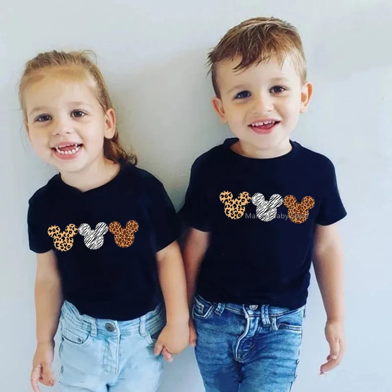 Disney Leopard Mickey Ears Shirts Funny Animal Kingdom Family Matching Outfits Cotton Look Mother and Kids Disney Trip Clothes 2
