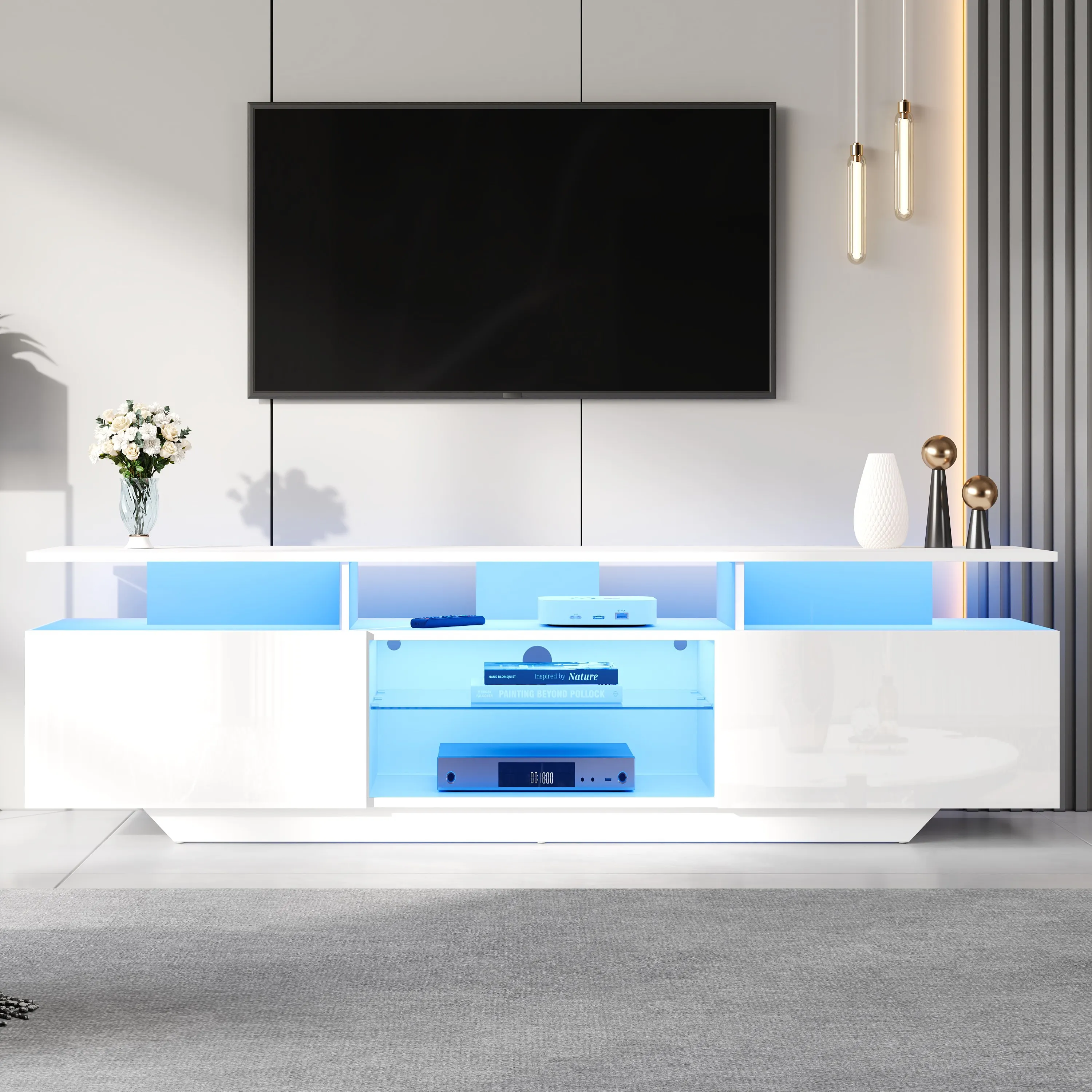 KOMHTOM Hochglanz-Fernsehschrank- mit 2 Schränken, LED-Lichtleiste und 8 Ablageflächen, passend für 70-Zoll-Fernseher – Detail 1