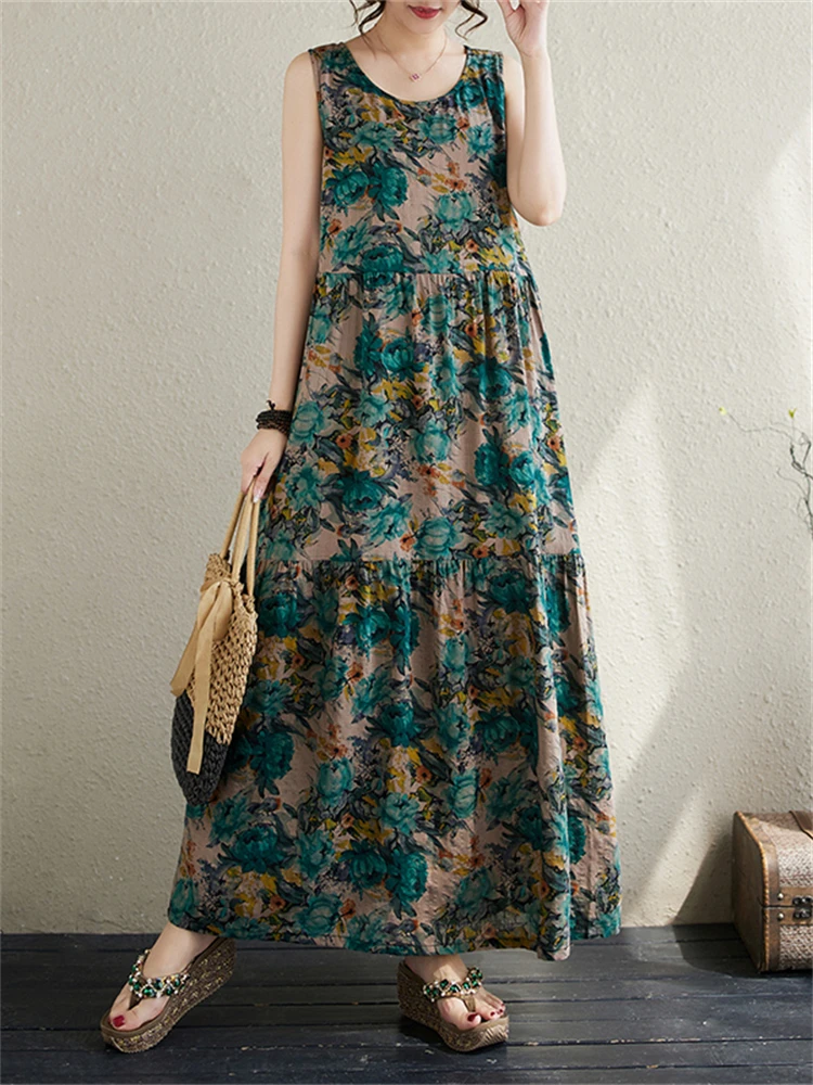 Cotton Vintage Casual Sleeveless Green Print Dresses For Women 2025 New Summer Dress Femme Robe Vestidos Elegant Long Clothing