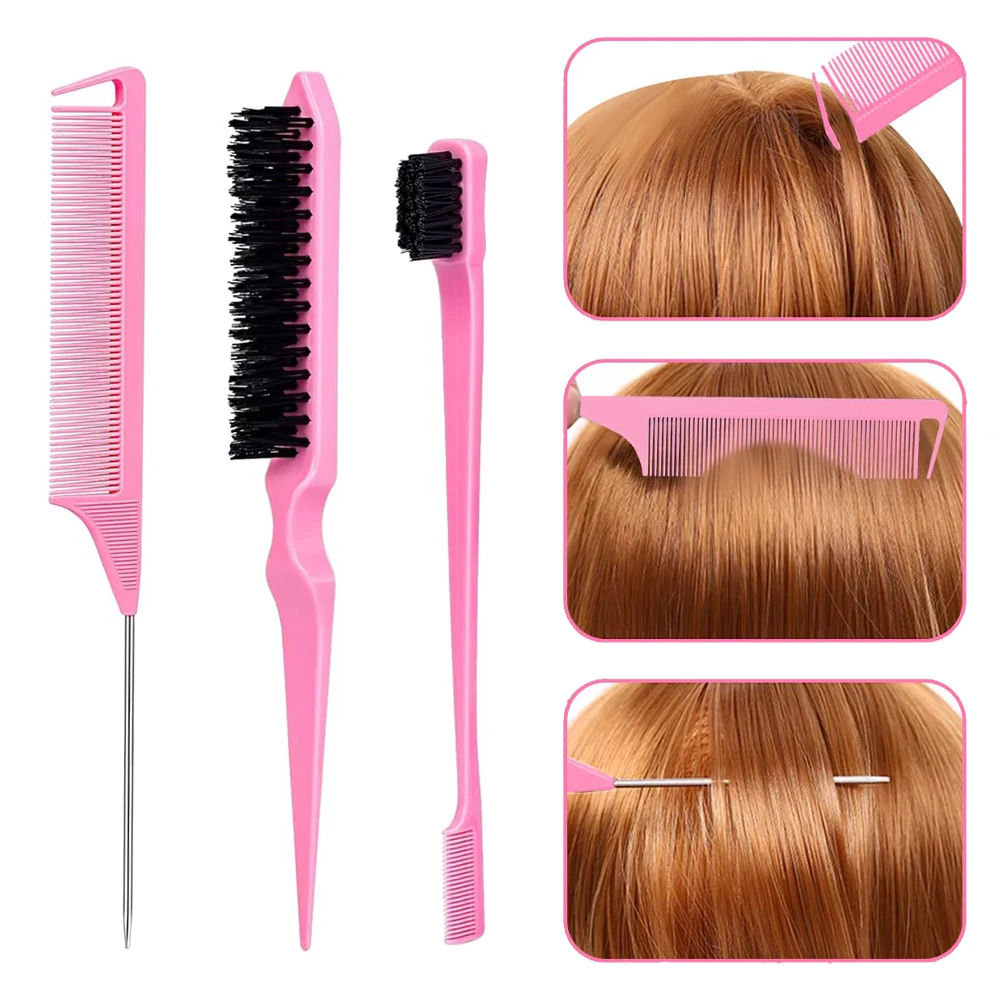 3Pcs Hair Styling Comb Set Pink Edge Brush For Edge Back Brushing Slicking Hair Rat Tail Comb  For Women Double-Sided Edge Brush