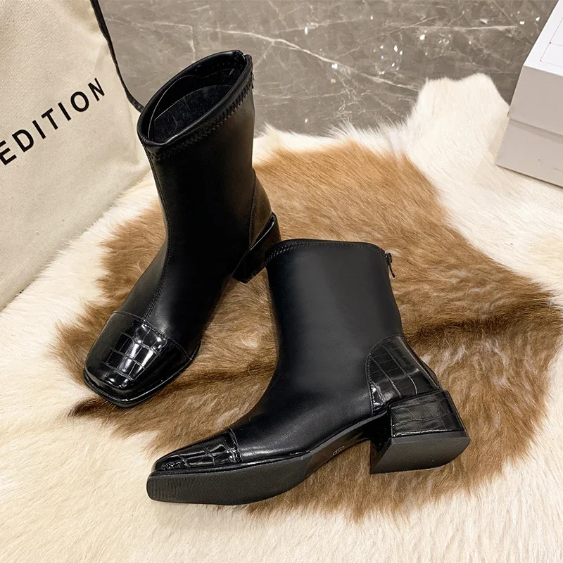 2024 Elegant Texture Embossed Square Toe Ankle Boots Woman Winter Warm Plush Lined Stretch Booties Ladies Low Heel Back Zipper