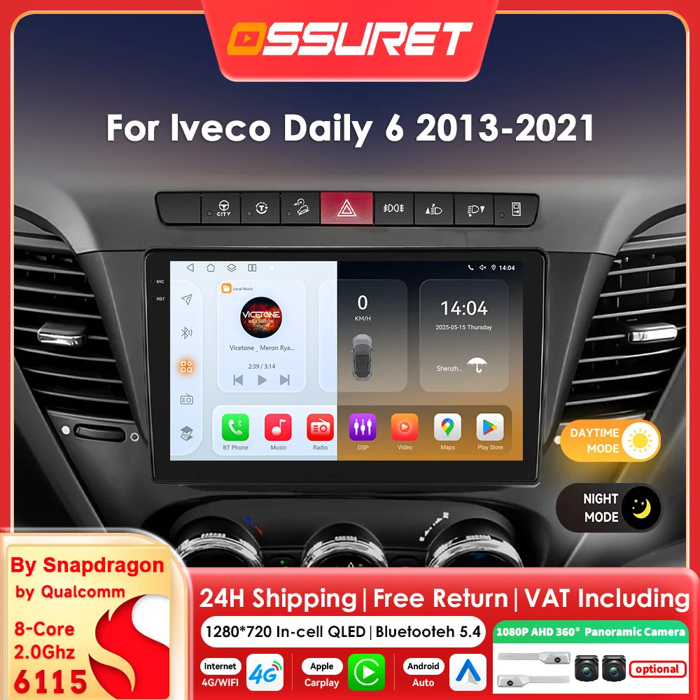 9-Zoll Wireless Carplay Android 14 Autoradio für Iveco Daily 6 2013-2021 Multimedia-Player mit Snapdragon 8-Kern-Prozessor, GPS und 360-Grad-Kamera-Bildschirm