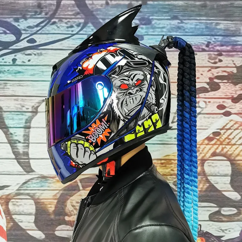 thumbnail image 1 of Casco integral para motocicleta, casco de seguridad para montar en moto, doble lente, casco de carreras, trenzas individuales, cuernos, 1 of 5