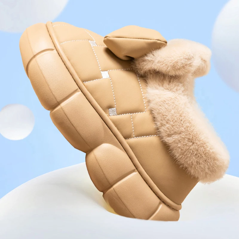 Chunky Platform Cotton Slippers Women 2025 Winter Bowknot Decor Warm Fur Snow Boots Woman Lightweight Soft Thick Sole Home Shoes