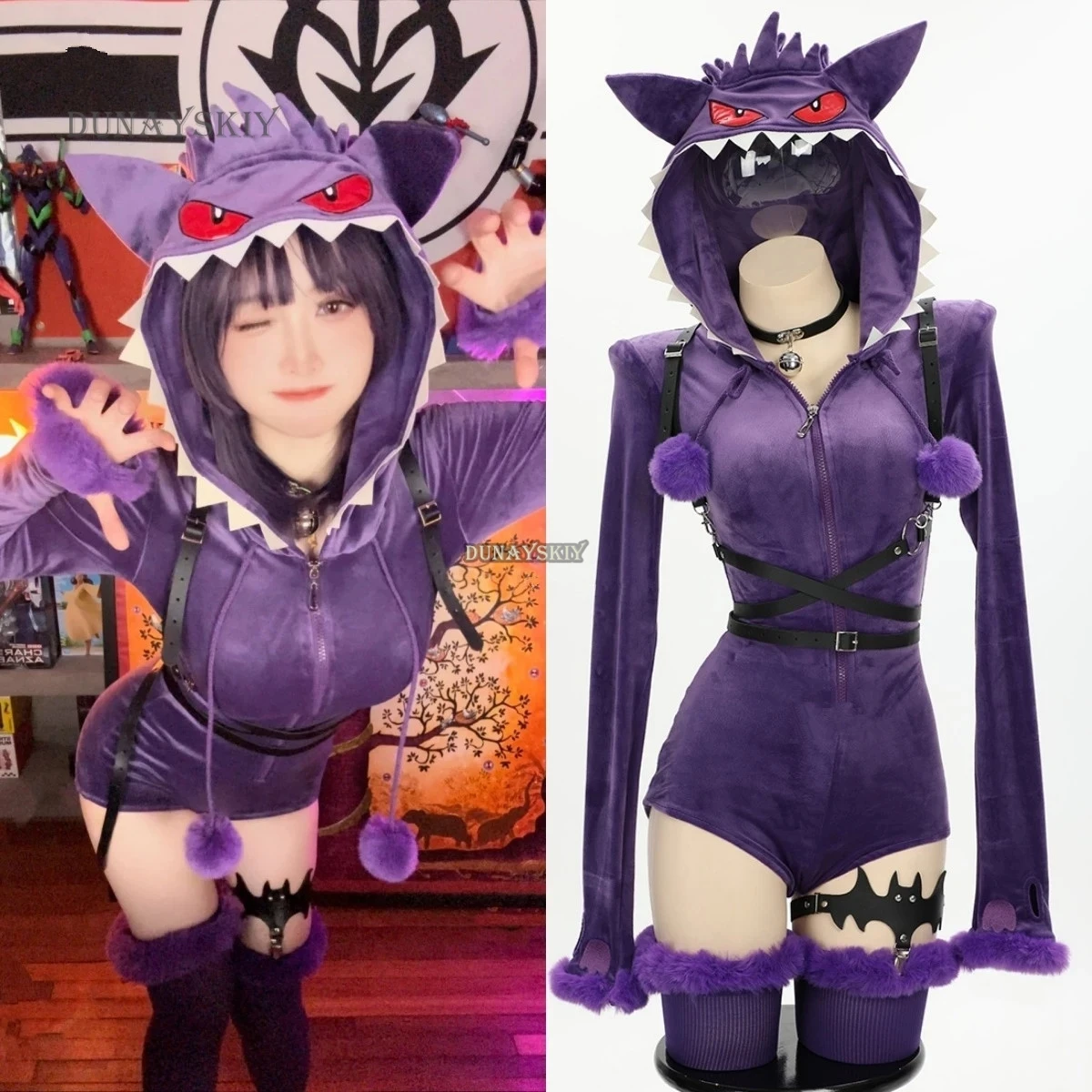 

Women Purple Ghost Cosplay Costume Halloween Purple Sexy Romper Bodysuit Plush Hooded and Socks with Belt and Tail