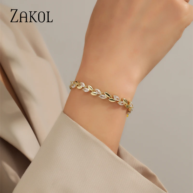 ZAKOL Trendy Charm Marquise Cut Cubic Zirconia Bracelets For Women CZ Leaf Bridal Wedding Party Jewelry Gift BP2252 2