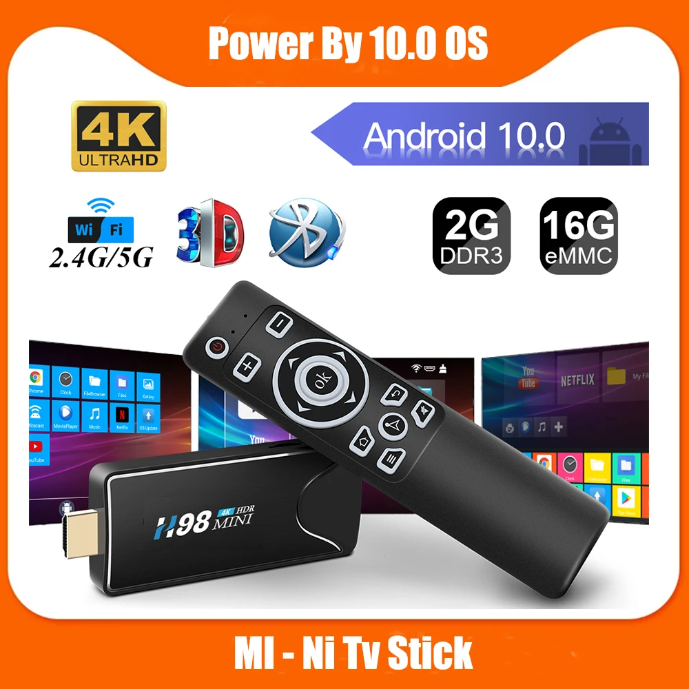 Android 10 Tv Stick H98 Mini 2Gb 16Gb 2.4/5G Dual Wifi Bt4.2 H616 Quad Core Smart Tv Box Google Play Store Dlna 4K Tv Dongle