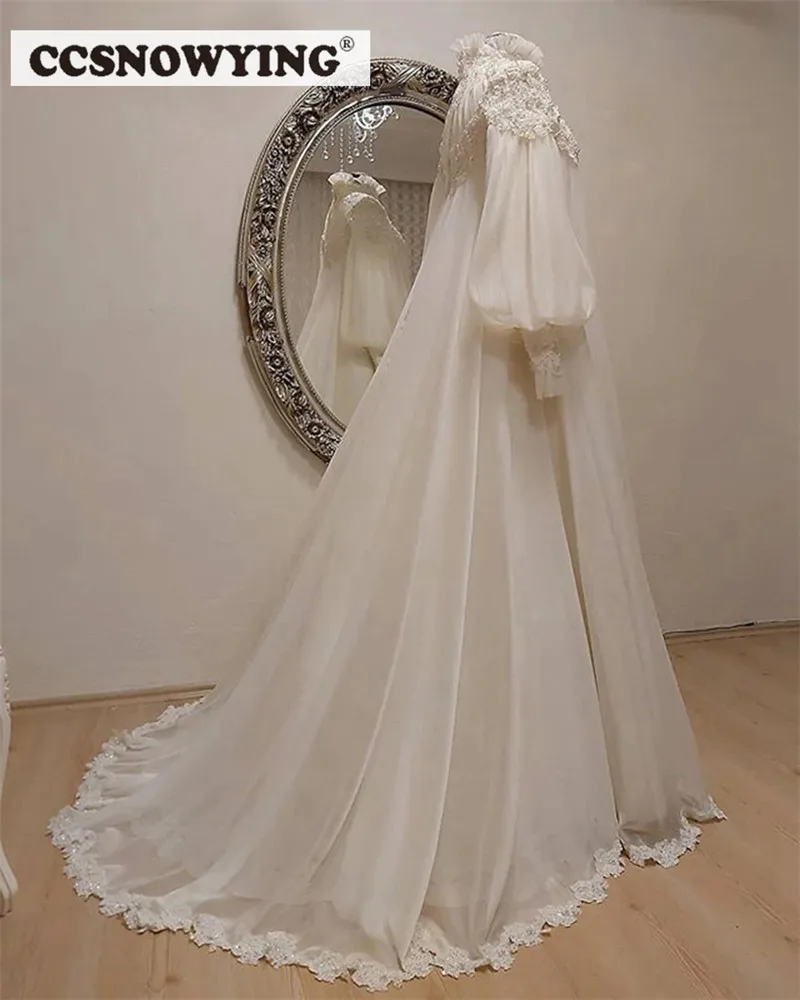 Fashion Chiffon Appliques Muslim Wedding Dresses Long Sleeve High Neck Islamic Bridal Gown Arabic Dubai Vestidos De Novia 4