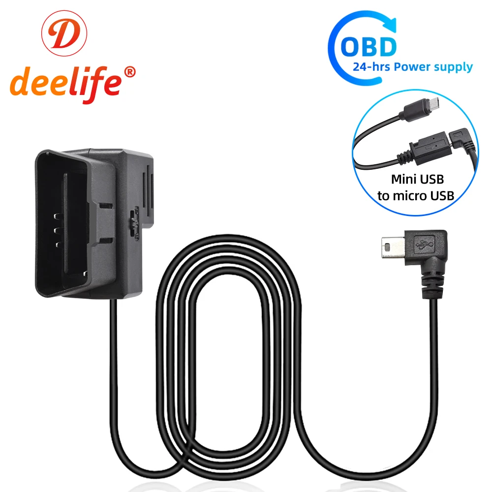 

Deelife OBD2 Car DVR Hard Wire Kit for Mirror Camera Dash Cam Charging Cable 12V 24V to 5V Mini Micro USB Hard Wire