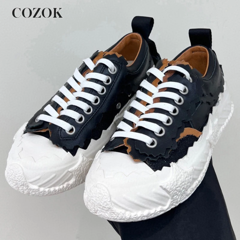 

Personality Design Women's Leisure Shoes Autumn Winter Genuine Leather Lrregular Clipping Splicing Mixed Colors Small White Shoe