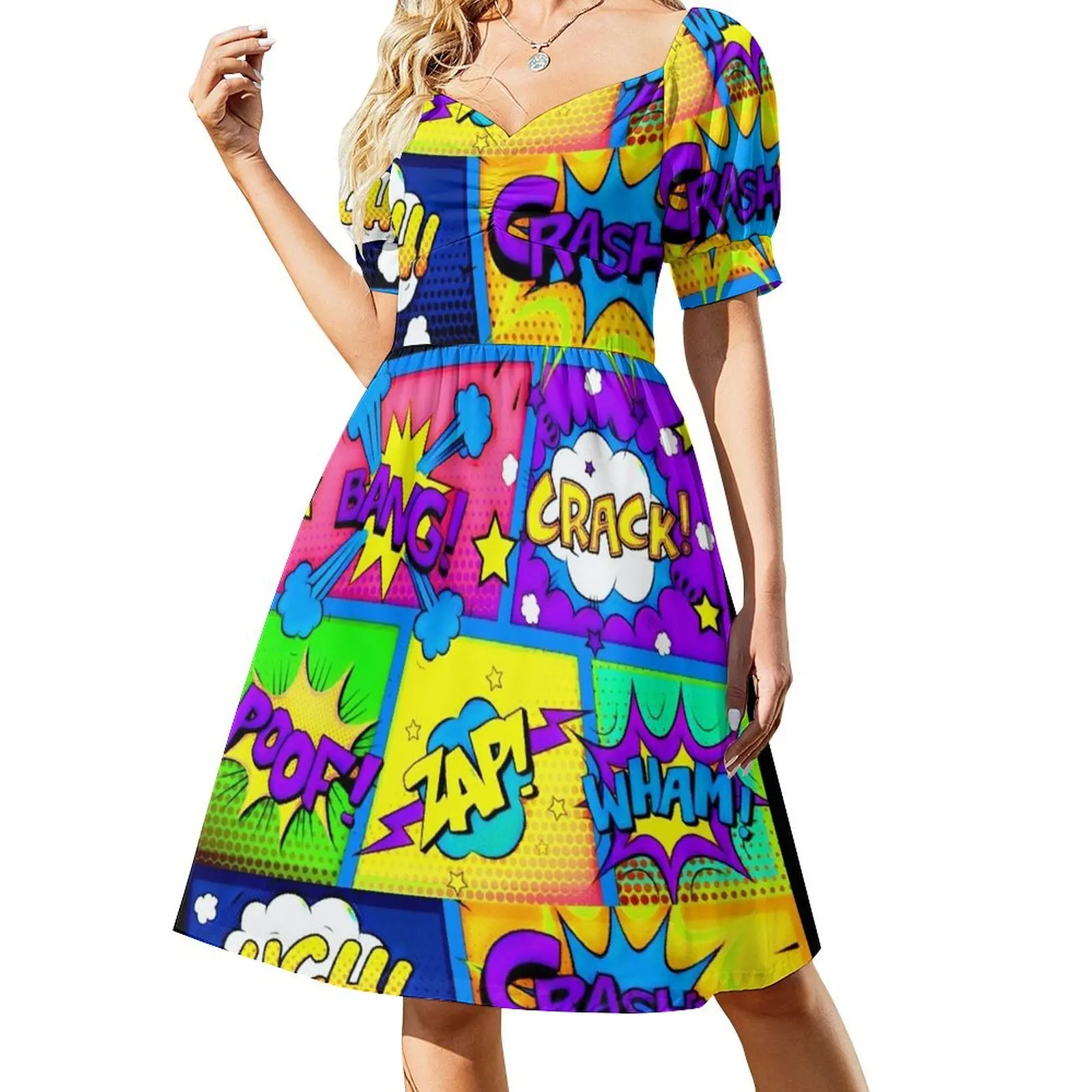 thumbnail image 1 of Vestido de manga corta con paneles de cómics coloridos Vestido largo de verano para mujer Ropa de mujer Vestido, 1 of 7