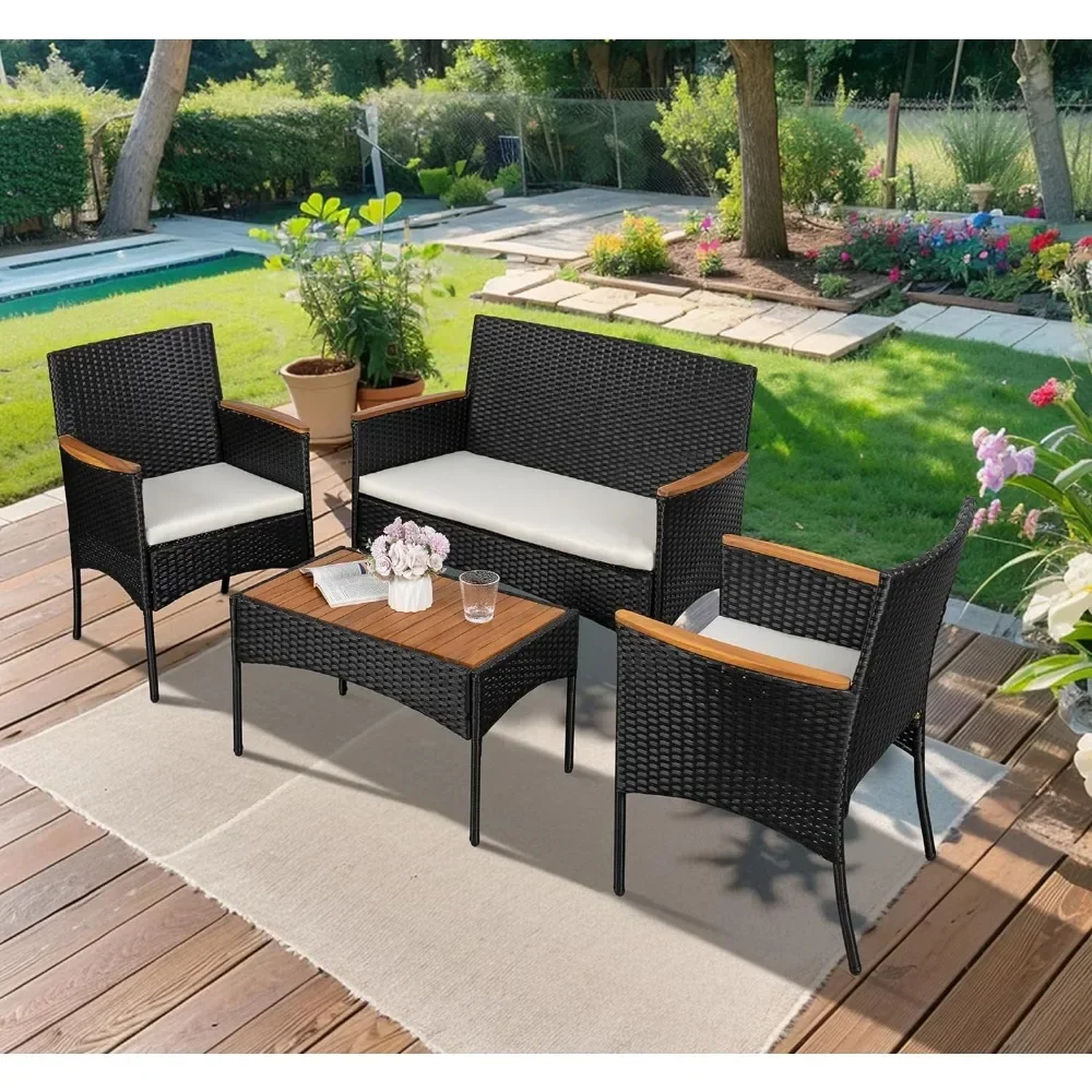 

4-Piece Patio Furniture Set, Outdoor Wicker Patio Conversation Furniture Set with Cushions and Wooden Tabletop for Lawn Backyard