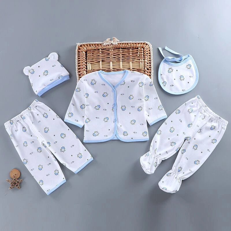 5Pcs/Set Newborn Baby Girl Clothes Set Cotton Soft Underwear Infant Boy Outfit Children Girl Top+2Pant+Bib+Hat Toddler A1156