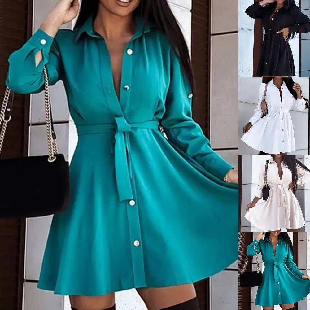 

Elegant Mini Shirt Dress Turn-Down Collar Long Sleeve Women Dress Belt Solid Color Single Breasted Shirt Dress Female Clothing