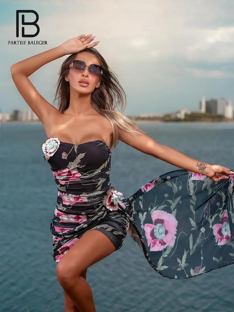 PB Partykleider Vintage Blumenfalte Typ Elegantes Damen Sexy Schlankes, ärmelloses, rückenfreies, lässiges, kurzes Bandkleid
