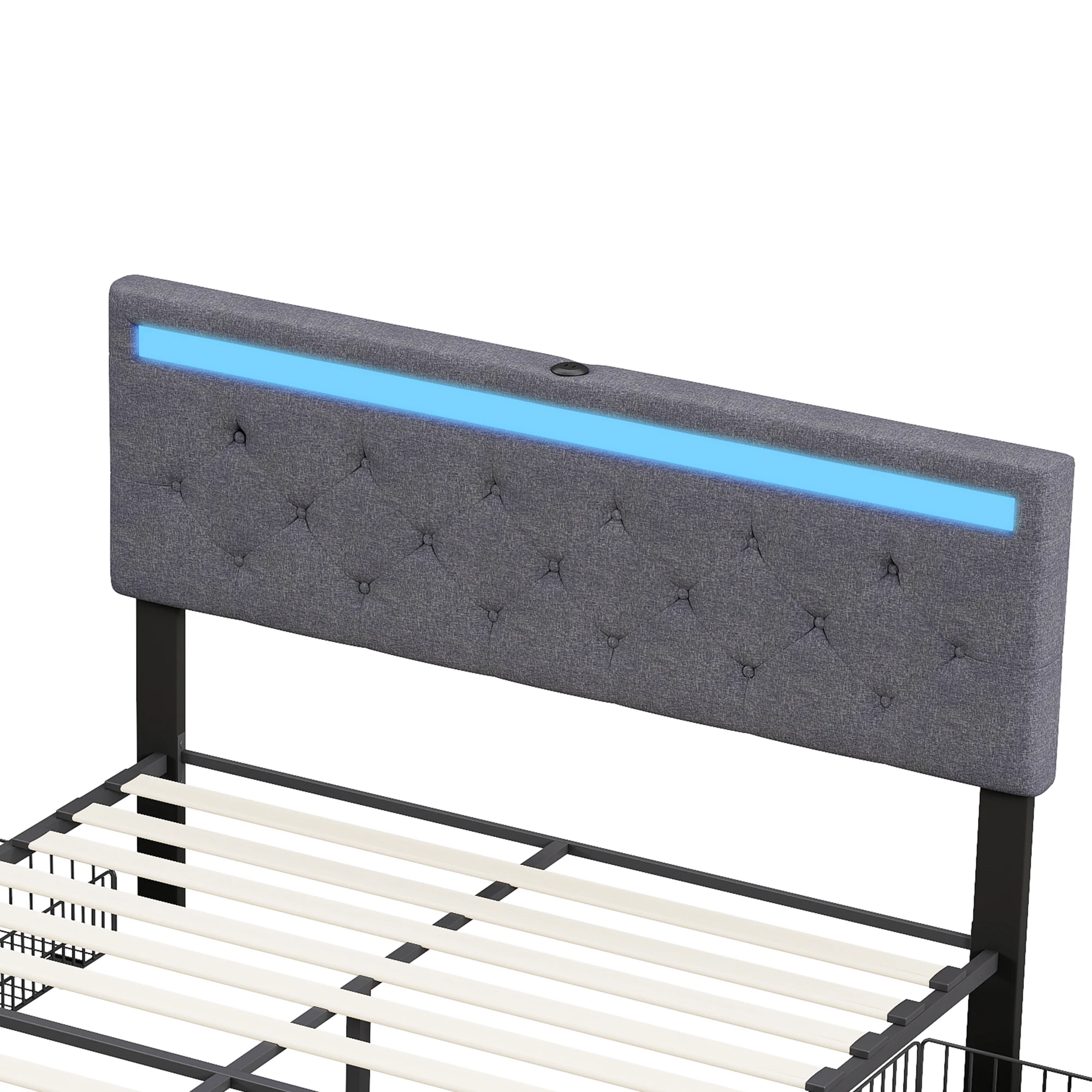 Anajqaqia 140x190cm Polsterbett mit Stauraum, Bett mit Lichtleiste und USB-Ladefunktion, 4 Schubladen, Leinen, Dunkelgrau – Detail 9