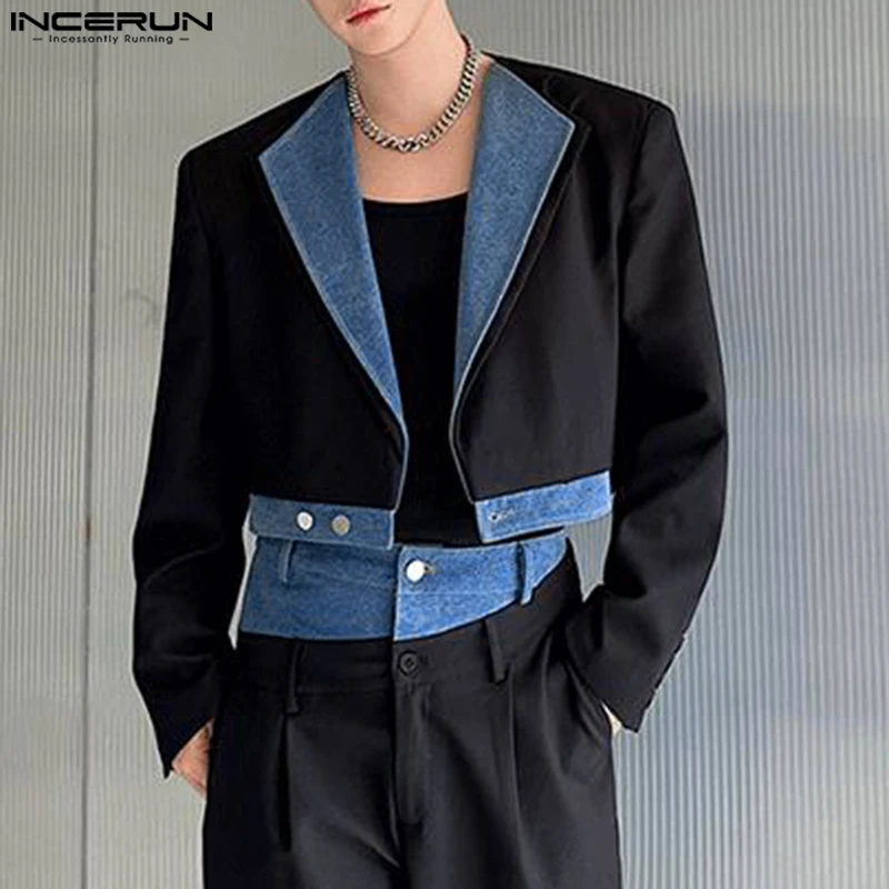 INCERUN Clothing Fashion New Men's Contrast Denim Splicing Short Suit Coats Casual All-match Male Loose Long Sleeved Blazer