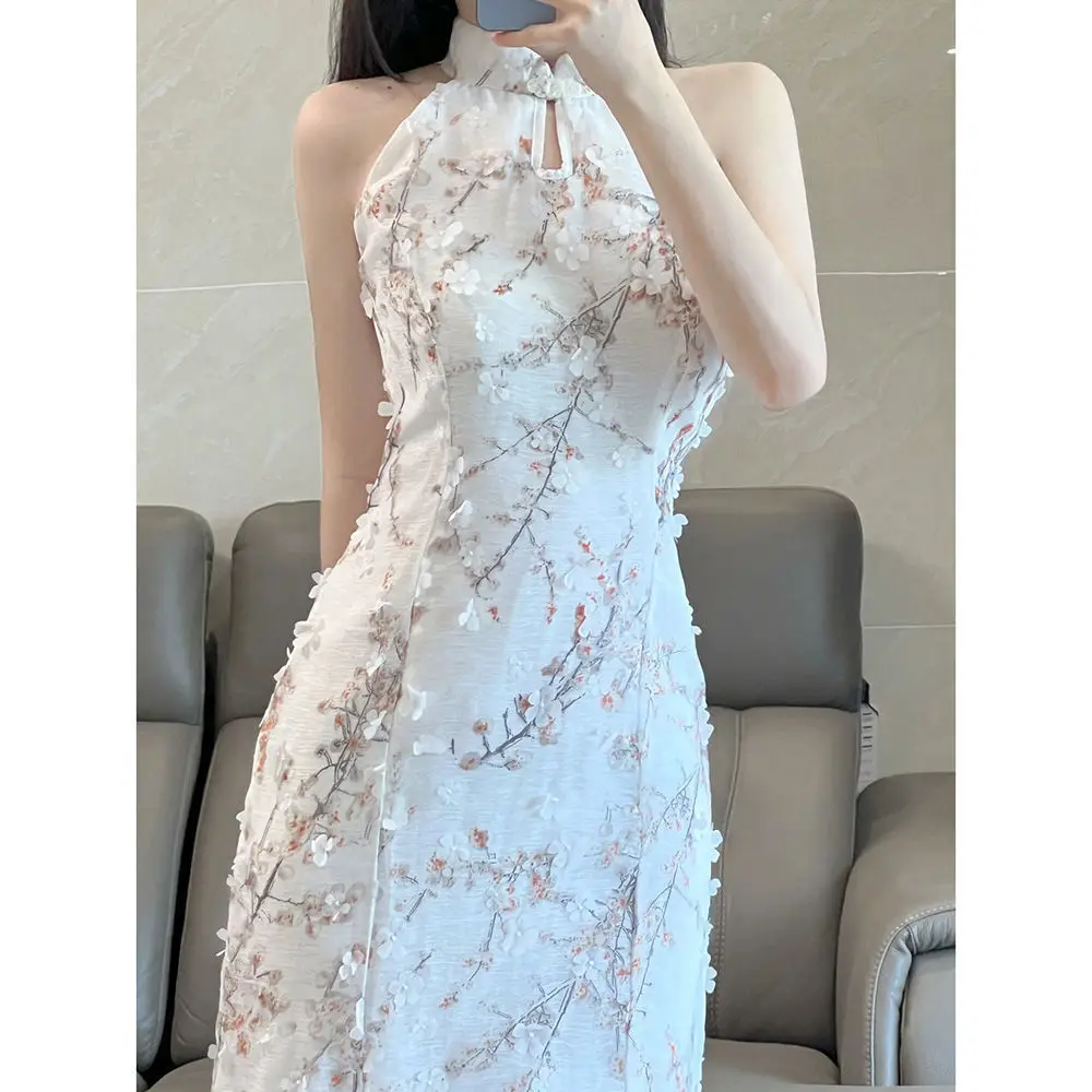 Improved Chinese-style Qipao Sleeveless Halter Neck Cheongsam Dress Slim Bodycon Elegant Sexy Summer Wear Party Performance old shanghai elegant women satin qipao slim 3 4 sleeve long dress new traditional chinese mandarin collar cheongsam vestidos