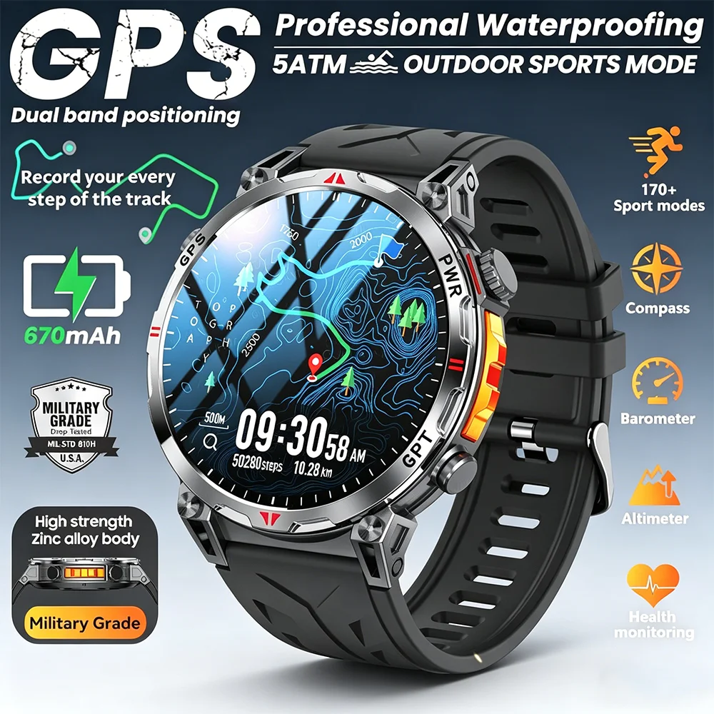 2026 신형 아웃도어 GPS 스포츠 스마트워치 남성용 1.56인치 AMOLED 나침반 5ATM 방수 챗 GPT 무선 통화 건강 추적 스마트워치