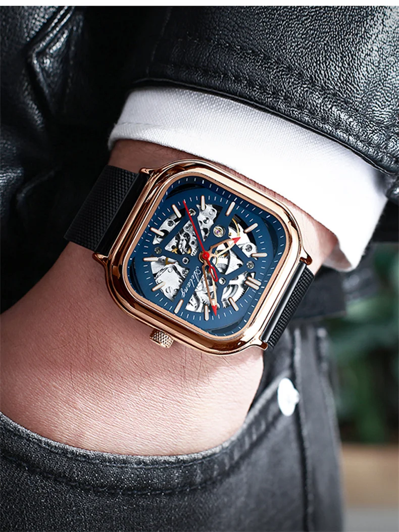 AILANG Top Skelett Quadrat Mechanesch Fir Männer Automatesch Handgelenk Waasserdicht Mesh Gürtel es_voghion.com