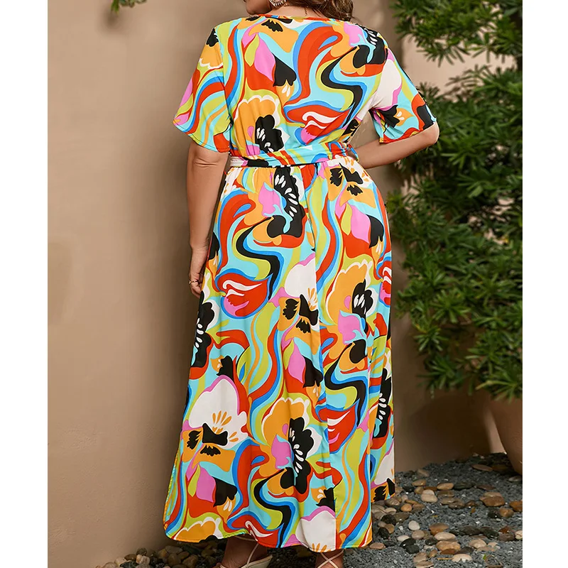 Fashion Plus Size Summer Clothes for Women V-Neck Bandage Short Sleeve Elastic Waist Geometric Pattern Print Elegant Long Dress