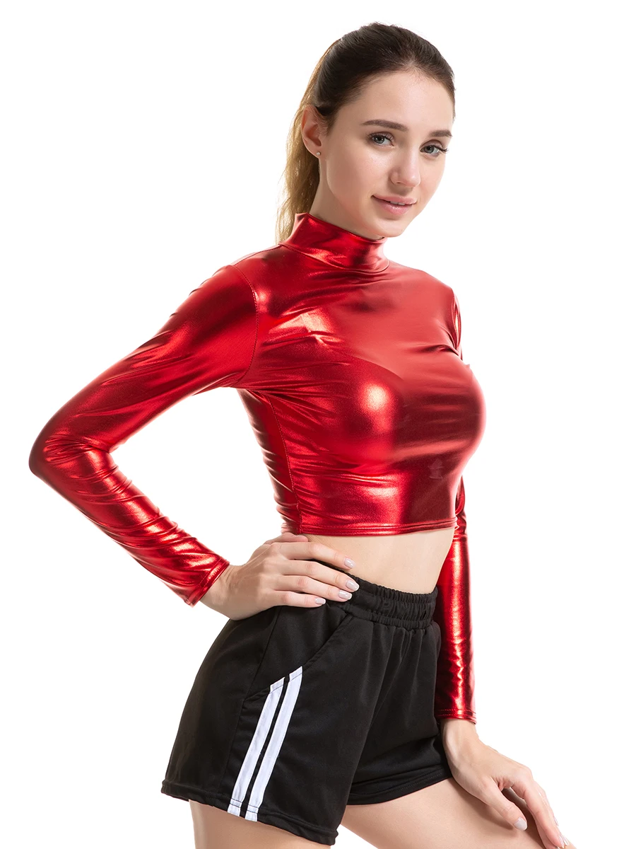 XUNZOO Women's Metallic Crop Top - Shiny Long Sleeve High Neck T-Shirt For Rave, Festival & Club Wear