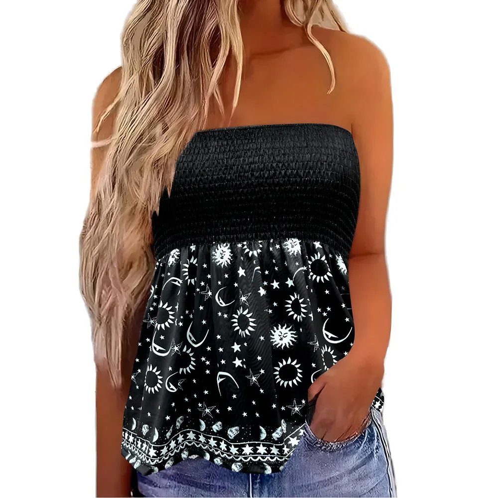 

Summer Women Tube Top Holiday Beach Smocked Vest Bandeau Tank Casual T-shirts Off Shoulder Sleeveless Strapless Tops Lady Corset