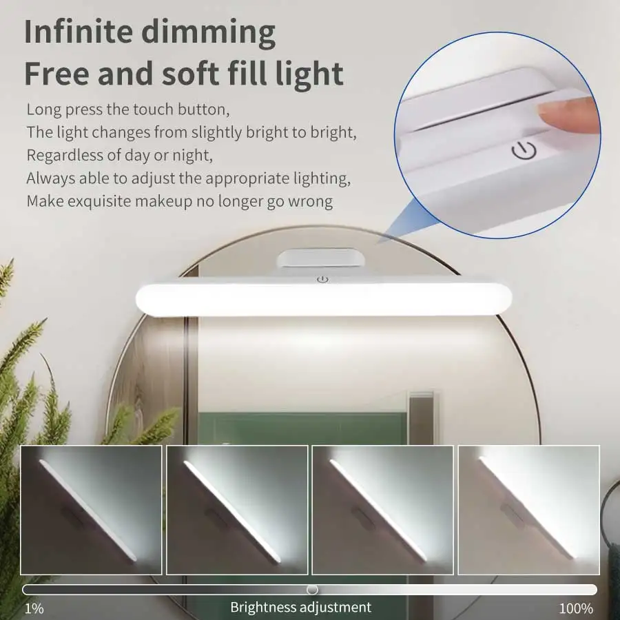 LED Makeup Mirror Lights Magnetic Hanging USB Rechargeable Desk Lamp Reading Light Dimmable Cabinet Closet Dormitory Night Light