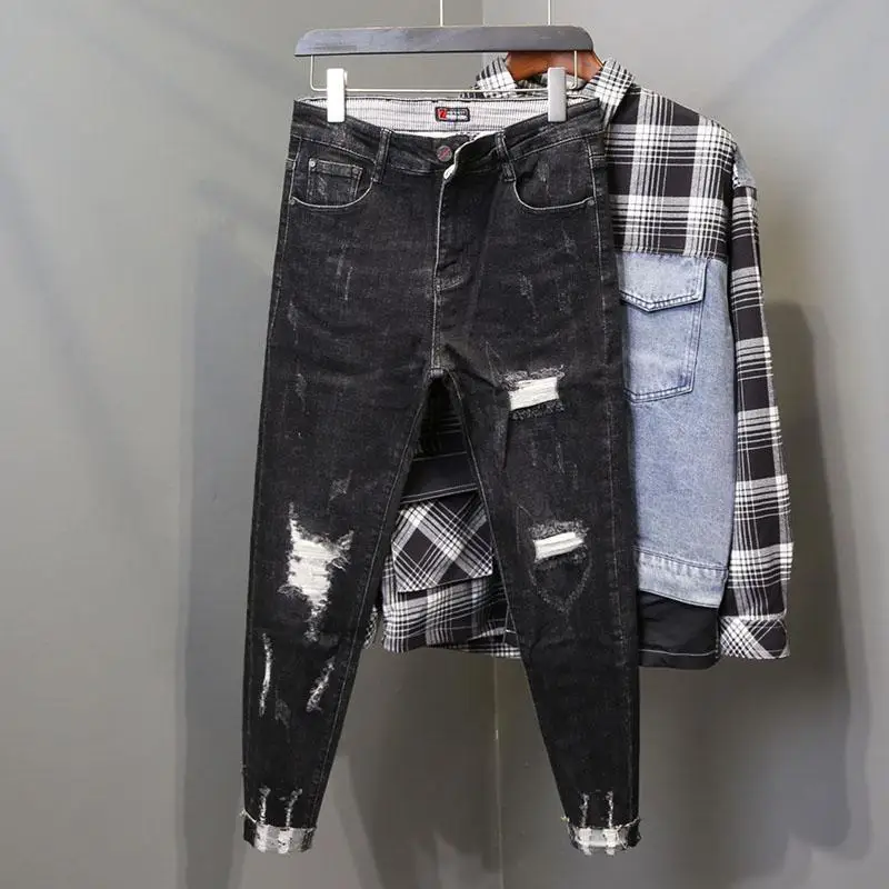 Men Jeans Ripped Jeans Ripped Patchwork Jeans New Original Spring Autumn Blue Wash Designer Distressed Ripped Knees Slim Fit Denim Jeans Whiskers Frayed Hem Men