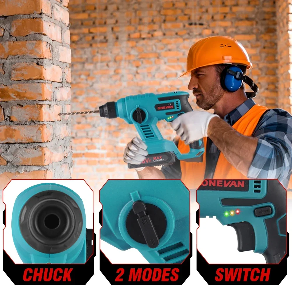 1000W 8600IMP Electric Hammer Rechargeable Cordless Multifunction Rotary Hammer Impact Drill Power Tool for Makita 18V Battery 2