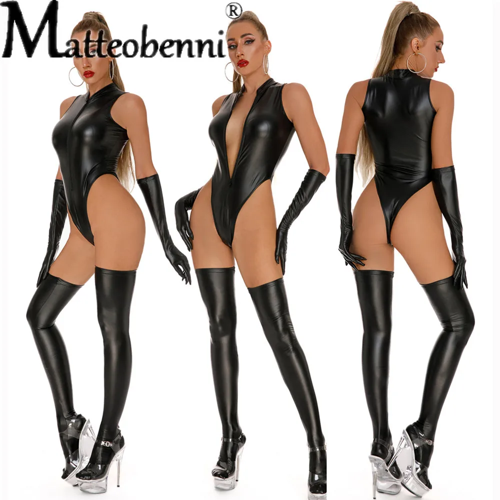 Women PU Faux Leather Latex Bodysuit + Gloves + Stocking Sexy High Cut Lingerie Sexy Tights Catsuit One Piece Thong Stage Wear sexy lingerie