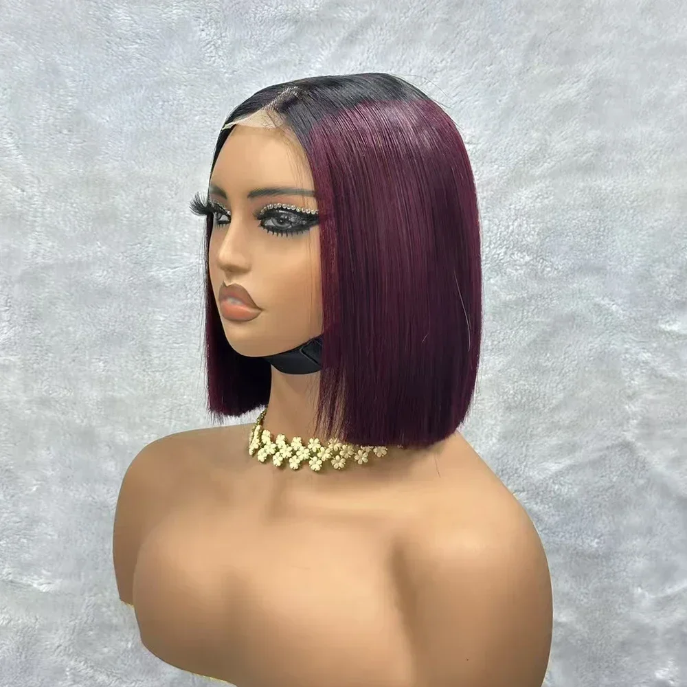 Human Hair Wig 99J Wine Red Short Bob Virgin Brazilian Bone Straight Bob Hair 2x6 Lace Closure Wig for Women with Baby