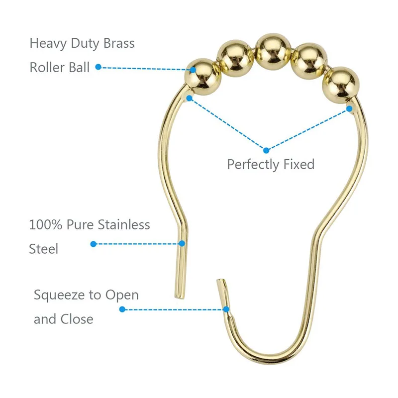 6pcs/12pcs Stainless Steel Curtain Hooks 5 Rollers Polished Satin Nickel Ball Bath Curtain Rollerball Shower Rings Hooks curtain hooks curtain rod hooks