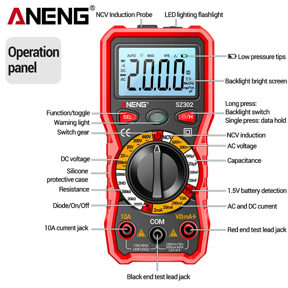 Professional Digital Multimeter AC/DC Voltage Tester NCV Detector Resistance Tester Ohm Ammeter Capacitance - Image 4