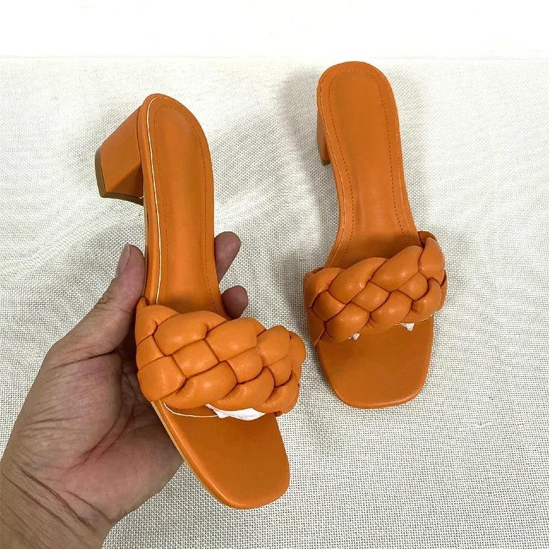 Square Low Heel Woman Sandals Summer Weave Designer Open Toe Fashion Mid Heels Leather Casual Outside Lady Beach Shoes