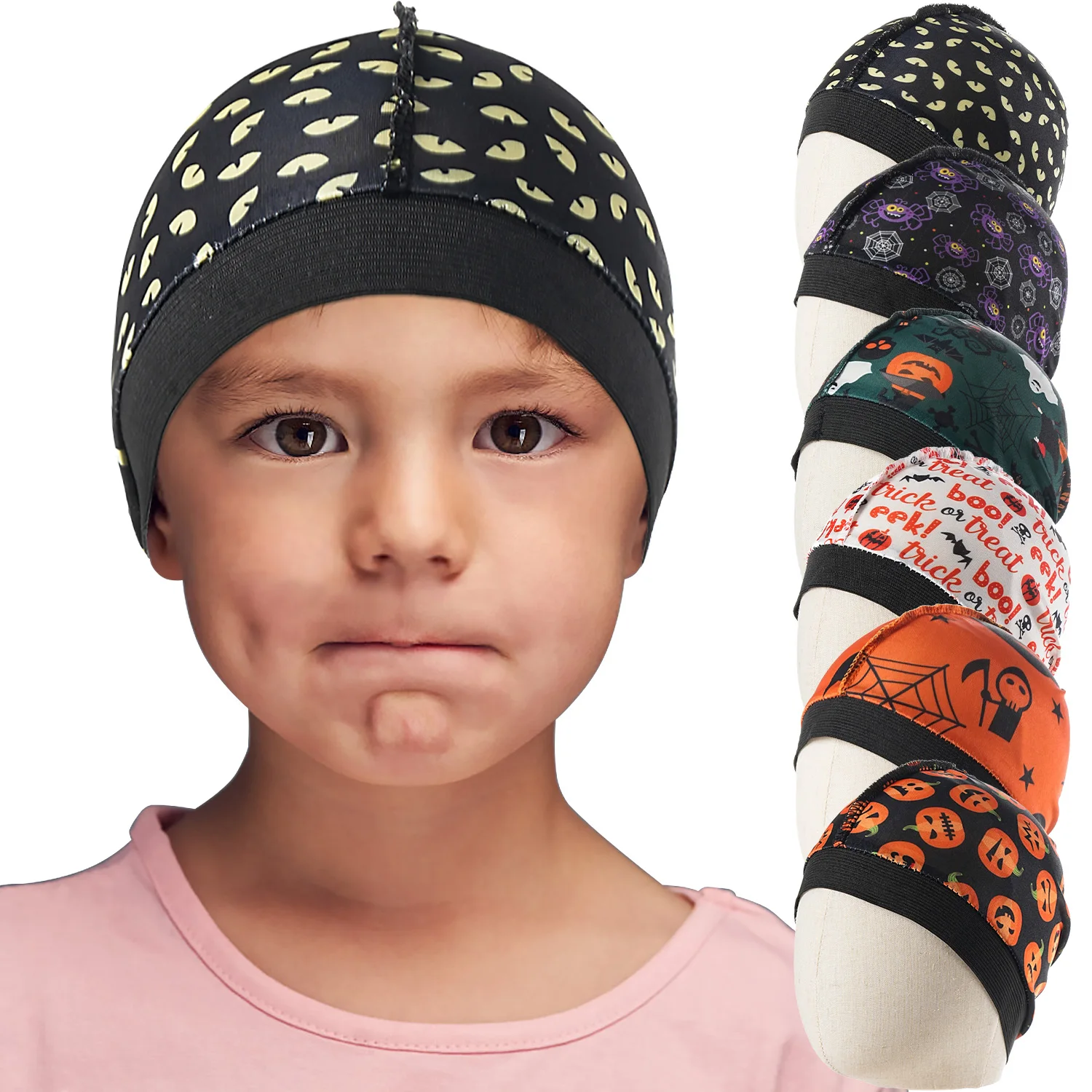 2024 neue Halloween-Druck Kinder seidige Kuppel Wellen kappe seidig Satin Kinder Motorhaube Haar abdeckung Hut Nacht Schlafmütze Haarschmuck Hut