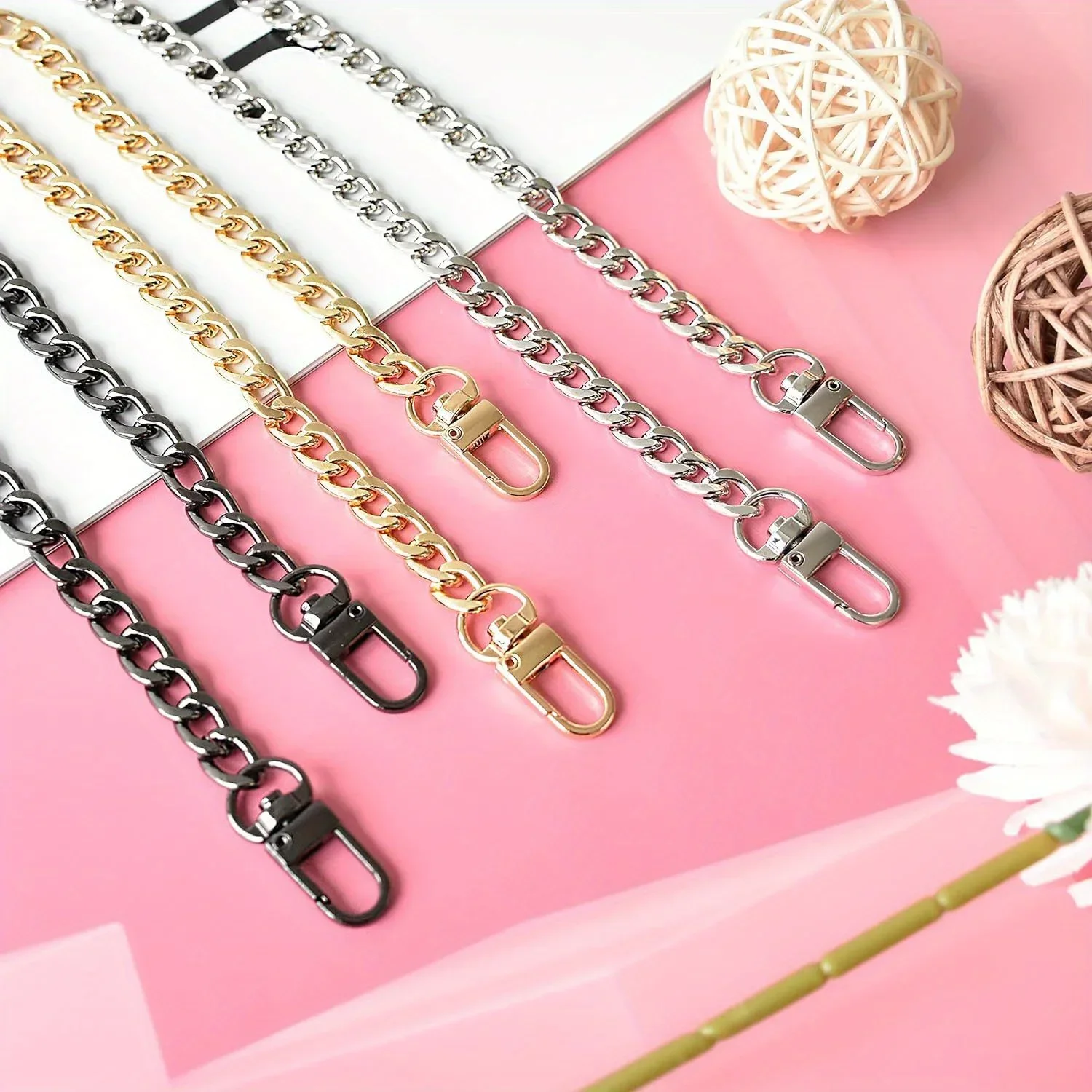 Purse Chain Strap Flat Chain Strap Handbag Chains with Metal Buckles for Wallet Satchel Tote Bags Shoulder Bag Replacement