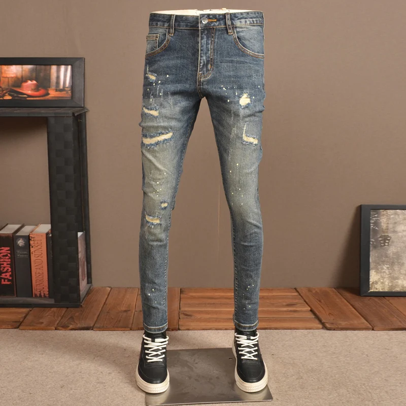 Street Fashion Men Jeans High Quality Retro Washed Blue Stretch Slim Fit Ripped Jeans Men Vintage Designer Denim Pencil Pants